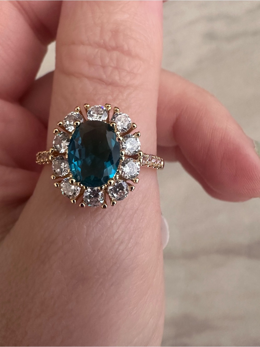 Gold Plated Halo Ring with Deep Teal Center Stone Sz 10